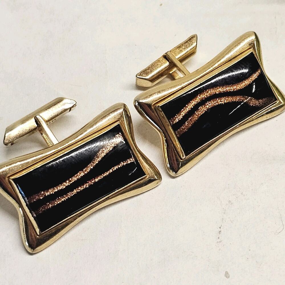 Vintage SWANK Goldtone Black & Copper Aventurine Art Glass Cufflinks